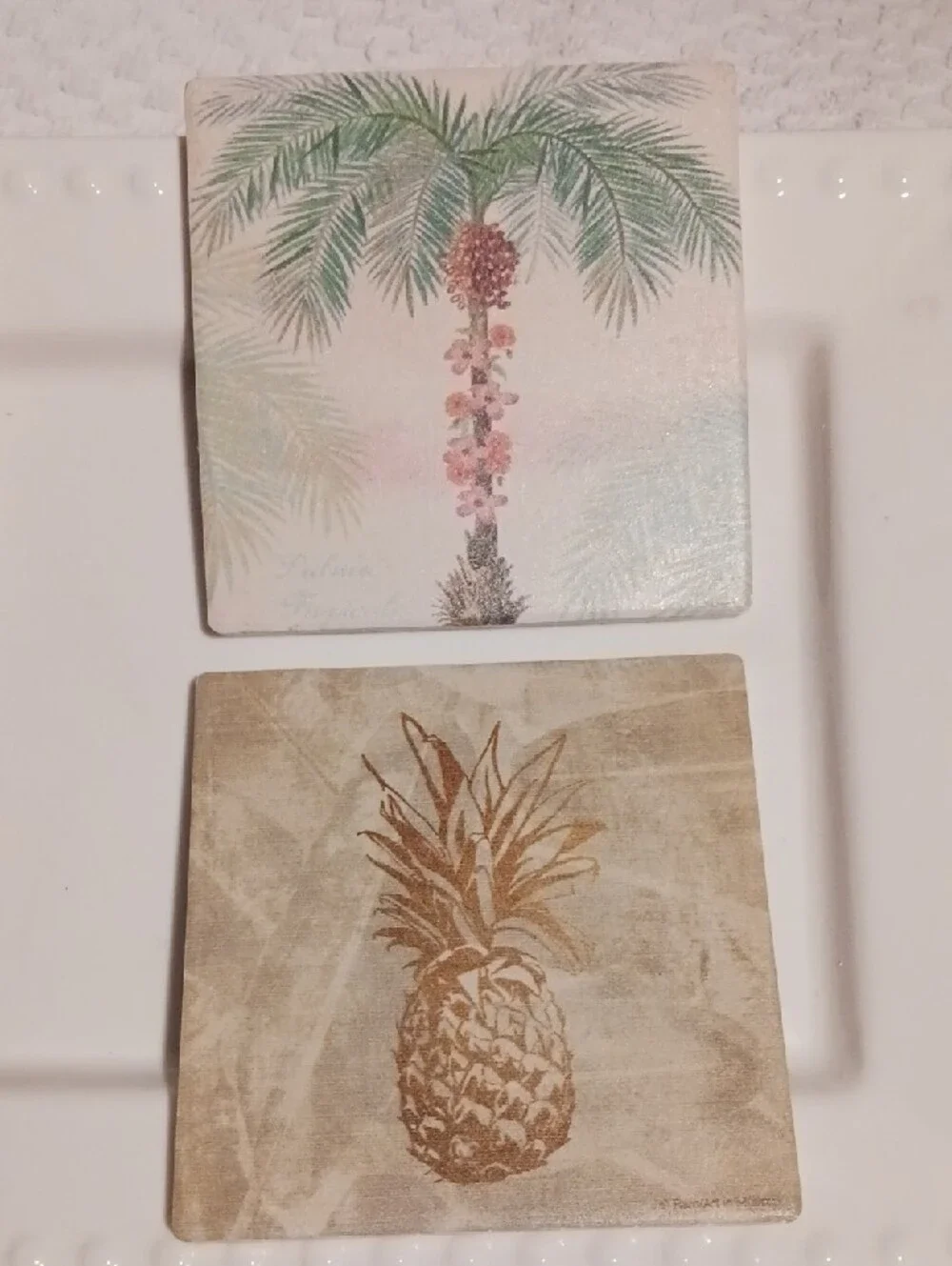 Gorgeous! Thirstystone🦩Pink Flamingo Palmtree🌴 Pineapple🍍 Tile Coaster Of 4